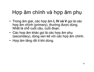 Hợp âm chính và hợp âm phụHợp âm chính và hợp âm phụ
• Trong âm giai, các hợp âm I, IV và V gọi là cácg g , ợp , gọ
hợp âm chính (primary), thường được dùng.
Nhất là chỗ cuối câu, cuối đoạn.
Cá h â khá i là á h â h• Các hợp âm khác gọi là các hợp âm phụ
(secondary), dùng xen kẽ với các hợp âm chính.
• Hợp âm tăng rất ít khi dùng• Hợp âm tăng rất ít khi dùng.
14
 