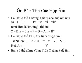 Ôn Bài: Tìm Các Hợp ÂmÔn Bài: Tìm Các Hợp Âm
• Bài hát ở thể Trưởng, thứ tự các hợp âm nhưg p
sau: I – ii – iii – IV – V – vi – vii°
(chữ Hoa là Trưởng), thí dụ:(chữ Hoa là Trưởng), thí dụ:
C – Dm – Em – F – G – Am - B°
Bài hát ở thể Thứ thứ t á h â• Bài hát ở thể Thứ, thứ tự các hợp âm:
Tự Nhiên: i – ii° - III – iv – v – VI – VII
Hoà Âm: V
• Bạn có thể dùng Vòng Tròn Quãng 5 để tìmBạn có thể dùng Vòng Tròn Quãng 5 để tìm
4
 