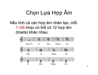 Chọn Lựa Hợp ÂmChọn Lựa Hợp Âm
Nếu tính cả các hợp âm nhân tạo mỗiNếu tính cả các hợp âm nhân tạo, mỗi
1 nốt nhạc có thể có 12 hợp âm
(triads) khác nhau:(triads) khác nhau:
9
 