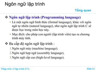 Nhập môn về lập trình (C1) ݺߣ 11
Ngôn ngữ lập trình
Tổng quan
 Ngôn ngữ lập trình (Programming language)
• Là một ngôn ngữ hình thức (formal language), khác với ngôn
ngữ tự nhiên (natural language), như ngôn ngữ lập trình C sẽ
được học trong môn học này.
• Mục đích: cho phép con người (lập trình viên) tạo ra chương
trình máy tính.
 Ba cấp độ ngôn ngữ lập trình :
1.Ngôn ngữ máy (machine language).
2.Ngôn ngữ hợp ngữ (assembly language).
3.Ngôn ngữ cấp cao (high-level language).
 