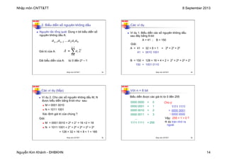 Nhập môn CNTT&TT 8 September 2013
Nguyễn Kim Khánh - ĐHBKHN 14
N2K-HUST
53
2. Biểu diễn số nguyên không dấu
Giá trị của A:
i
n
i
i
a
A 2
1
0
∑
−
=
=
n Nguyên tắc tổng quát: Dùng n bit biểu diễn số
nguyên không dấu A:
0
1
2
2
1 a
a
a
...
a
a n
n −
−
Dải biểu diễn của A: từ 0 đến 2n – 1
Nhập môn CNTT&TT 53
N2K-HUST
54
Các ví dụ
n Ví dụ 1. Biểu diễn các số nguyên không dấu
sau đây bằng 8-bit:
A = 41 ; B = 150
Giải:
A = 41 = 32 + 8 + 1 = 25 + 23 + 20
41 = 0010 1001
B = 150 = 128 + 16 + 4 + 2 = 27 + 24 + 22 + 21
150 = 1001 0110
Nhập môn CNTT&TT 54
N2K-HUST
55
Các ví dụ (tiếp)
n Ví dụ 2. Cho các số nguyên không dấu M, N
được biểu diễn bằng 8-bit như sau:
n M = 0001 0010
n N = 1011 1001
Xác định giá trị của chúng ?
Giải:
n M = 0001 0010 = 24 + 21 = 16 +2 = 18
n N = 1011 1001 = 27 + 25 + 24 + 23 + 20
= 128 + 32 + 16 + 8 + 1 = 185
Nhập môn CNTT&TT 55
N2K-HUST
56
Với n = 8 bit
0000 0000 = 0
0000 0001 = 1
0000 0010 = 2
0000 0011 = 3
...
1111 1111 = 255
Biểu diễn được các giá trị từ 0 đến 255
Chú ý:
1111 1111
+ 0000 0001
1 0000 0000
Vậy: 255 + 1 = 0 ?
à do tràn nhớ ra
ngoài
Nhập môn CNTT&TT 56
 