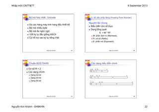 Nhập môn CNTT&TT 8 September 2013
Nguyễn Kim Khánh - ĐHBKHN 22
N2K-HUST
85
Bộ mã hợp nhất: Unicode
n Do các hãng máy tính hàng đầu thiết kế
n Bộ mã nhiều byte
n Bộ mã đa ngôn ngữ
n 128 ký tự đầu giống ASCII
n Có hỗ trợ các ký tự tiếng Việt
Nhập môn CNTT&TT 85
N2K-HUST
86
5. Số dấu phẩy động (Floating Point Number)
Nguyên tắc chung
n Biểu diễn cho số thực
n Dạng tổng quát:
X = M * RE
n M: phần định trị (Mantissa),
n R: cơ số (Radix),
n E: phần mũ (Exponent).
Nhập môn CNTT&TT 86
N2K-HUST
87
Chuẩn IEEE754/85
n Cơ số R = 2
n Các dạng chính:
n Dạng 32-bit
n Dạng 64-bit
n Dạng 80-bit
Nhập môn CNTT&TT 87
N2K-HUST
88
Các dạng biểu diễn chính
S m
e
79 	
  	
  	
  63 	
  	
  	
  	
  	
  	
  	
  	
  	
  	
  	
  	
  	
  	
  	
  	
  	
  	
  	
  	
  	
  	
  	
  	
  	
  	
  	
  	
  	
  	
  	
  	
  	
  	
  	
  	
  	
  0
78 	
  	
  	
  	
  	
  	
  	
  	
  	
  	
  	
  	
  64
S m
e
31 	
  	
  	
  22 	
  	
  	
  	
  	
  	
  	
  	
  	
  	
  	
  	
  0
30	
  	
  	
  	
  	
  	
  	
  	
  23
S m
e
63 	
  	
  	
  51 	
  	
  	
  	
  	
  	
  	
  	
  	
  	
  	
  	
  	
  	
  	
  	
  	
  	
  	
  	
  	
  	
  	
  	
  	
  	
  0
62 	
  	
  52
Nhập môn CNTT&TT 88
 