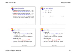 Nhập môn CNTT&TT 8 September 2013
Nguyễn Kim Khánh - ĐHBKHN 24
N2K-HUST
93
Các qui ước đặc biệt
n Các bit của e bằng 0, các bit của m bằng 0, thì X = ± 0
x000 0000 0000 0000 0000 0000 0000 0000 à X = ± 0
n Các bit của e bằng 1, các bit của m bằng 0, thì X = ± ∞
x111 1111 1000 0000 0000 0000 0000 0000 à X =± ∞
n Các bit của e bằng 1, còn m có ít nhất một bit bằng 1, thì
nó không biểu diễn cho số nào cả (NaN - not a number)
Nhập môn CNTT&TT 93
N2K-HUST
94
Dải giá trị biểu diễn
n 2-127 đến 2+127
n 10-38 đến 10+38
0
-­‐2+127
+2+127
+2-­‐127
-­‐2-­‐127
Nhập môn CNTT&TT 94
N2K-HUST
95
Dạng 64-bit
n S là bit dấu
n e (11 bit): mã excess-1023 của phần
mũ E à E = e – 1023
n m (52 bit): phần lẻ của phần định trị M
n Giá trị số thực:
X = (-1)S
*1.m * 2e-1023
n Dải giá trị biểu diễn: 10-308 đến 10+308
Nhập môn CNTT&TT 95
N2K-HUST
96
Dạng 80-bit
n S là bit dấu
n e (15 bit): mã excess-16383 của phần
mũ E à E = e – 16383
n m (64 bit): phần lẻ của phần định trị M
n Giá trị số thực:
X = (-1)S
*1.m * 2e-16383
n Dải giá trị biểu diễn: 10-4932 đến 10+4932
Nhập môn CNTT&TT 96
 