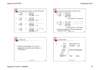 Nhập môn CNTT&TT 8 September 2013
Nguyễn Kim Khánh - ĐHBKHN 27
N2K-HUST
105
Ví dụ cộng số nguyên có dấu không tràn
n ( + 70) = 0100 0110
+ ( + 42) = 0010 1010
+ 112 0111 0000 = +112
n (+ 97) = 0110 0001
+ (- 52) = 1100 1100 (+52=0011 0100)
+ 45 1 0010 1101 = +45
n ( - 90) = 1010 0110 (+90=0101 1010)
+ ( +36) = 0010 0100
- 54 1100 1010 = - 54
n ( - 74) = 1011 0110 (+74=0100 1010)
+( - 30) = 1110 0010 (+30=0001 1110)
-104 1 1001 1000 = -104
Nhập môn CNTT&TT 105
N2K-HUST
106
Ví dụ cộng số nguyên có dấu bị tràn
n ( + 75) = 0100 1011
+( + 82) = 0101 0010
+157 1001 1101
= - 128+16+8+4+1= -99 à sai
n ( - 104) = 1001 1000 (+104=0110 1000)
+ ( - 43) = 1101 0101 (+ 43 =0010 1011)
- 147 1 0110 1101
= 64+32+8+4+1= +109 à sai
n Cả hai ví dụ đều tràn vì tổng nằm ngoài dải
biểu diễn [-128, +127]
Nhập môn CNTT&TT 106
N2K-HUST
107
4. Phép trừ
n Phép trừ hai số nguyên: X-Y = X+(-Y)
n Nguyên tắc: Lấy bù hai của Y để được –Y,
rồi cộng với X
Nhập môn CNTT&TT 107
N2K-HUST
108
5. Phép nhân
n 1011 Số bị nhân (11)
x 1101 Số nhân (13)
1011
0000 Các tích riêng phần
1011
1011
10001111 Tích (143)
Nhập môn CNTT&TT 108
 