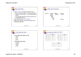 Nhập môn CNTT&TT 8 September 2013
Nguyễn Kim Khánh - ĐHBKHN 28
N2K-HUST
109
Phép nhân (tiếp)
n Các tích riêng phần được xác định như sau:
n Nếu bit của số nhân bằng 0 à tích riêng phần bằng 0.
n Nếu bit của số nhân bằng 1 à tích riêng phần bằng số
bị nhân.
n Tích riêng phần tiếp theo được dịch trái một bit so với
tích riêng phần trước đó.
n Tích bằng tổng các tích riêng phần
n Nhân hai số nguyên n-bit, tích có độ dài 2n bit
(không bao giờ tràn).
Nhập môn CNTT&TT 109
N2K-HUST
110
6. Phép chia số nguyên
Số bị chia 10010011 1011 Số chia
1011 00001101 Thương
001110
1011
001111
1011
100 Phần dư
Nhập môn CNTT&TT 110
N2K-HUST
7. Các phép toán logic
n Các phép toán logic cơ bản
n AND
n OR
n NOT
n Các phép toán khác
n NAND
n NOR
n XOR
111
Nhập môn CNTT&TT 111
N2K-HUST
112
Các phép toán AND, OR, NOT
X Y X OR Y
0 0 0
0 1 1
1 0 1
1 1 1
X Y X AND Y
0 0 0
0 1 0
1 0 0
1 1 1
X NOT X
0 1
1 0
Nhập môn CNTT&TT 112
 