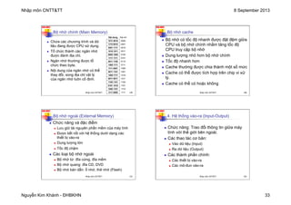 Nhập môn CNTT&TT 8 September 2013
Nguyễn Kim Khánh - ĐHBKHN 33
N2K-HUST
129
Bộ nhớ chính (Main Memory)
n Chứa các chương trình và dữ
liệu đang được CPU sử dụng.
n Tổ chức thành các ngăn nhớ
được đánh địa chỉ.
n Ngăn nhớ thường được tổ
chức theo byte.
n Nội dung của ngăn nhớ có thể
thay đổi, song địa chỉ vật lý
của ngăn nhớ luôn cố định.
Nội dung Địa chỉ
1011 0010 0000
1110 0010 0001
0001 1111 0010
1010 1011 0011
0000 1000 0100
1111 1111 0101
0011 1100 0110
1000 1111 0111
1111 0001 1000
0011 1101 1001
1000 1111 1010
0011 0011 1011
1100 1101 1100
0101 1010 1101
1000 1101 1110
1111 0000 1111
Nhập môn CNTT&TT 129
N2K-HUST
130
Bộ nhớ cache
n Bộ nhớ có tốc độ nhanh được đặt đệm giữa
CPU và bộ nhớ chính nhằm tăng tốc độ
CPU truy cập bộ nhớ
n Dung lượng nhỏ hơn bộ nhớ chính
n Tốc độ nhanh hơn
n Cache thường được chia thành một số mức
n Cache có thể được tích hợp trên chip vi xử
lý.
n Cache có thể có hoặc không
Nhập môn CNTT&TT 130
N2K-HUST
131
Bộ nhớ ngoài (External Memory)
n Chức năng và đặc điểm
n Lưu giữ tài nguyên phần mềm của máy tính
n Được kết nối với hệ thống dưới dạng các
thiết bị vào-ra
n Dung lượng lớn
n Tốc độ chậm
n Các loại bộ nhớ ngoài
n Bộ nhớ từ: đĩa cứng, đĩa mềm
n Bộ nhớ quang: đĩa CD, DVD
n Bộ nhớ bán dẫn: ổ nhớ, thẻ nhớ (Flash)
Nhập môn CNTT&TT 131
N2K-HUST
132
4. Hệ thống vào-ra (Input-Output)
n Chức năng: Trao đổi thông tin giữa máy
tính với thế giới bên ngoài.
n Các thao tác cơ bản:
n Vào dữ liệu (Input)
n Ra dữ liệu (Output)
n Các thành phần chính:
n Các thiết bị vào-ra
n Các mô-đun vào-ra
Nhập môn CNTT&TT 132
 