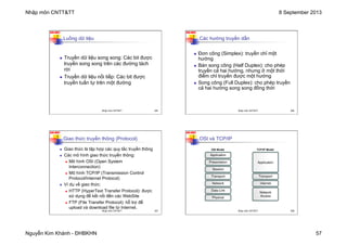 Nhập môn CNTT&TT 8 September 2013
Nguyễn Kim Khánh - ĐHBKHN 57
N2K-HUST
225
Luồng dữ liệu
n Truyền dữ liệu song song: Các bit được
truyền song song trên các đường tách
rời
n Truyền dữ liệu nối tiếp: Các bit được
truyền tuần tự trên một đường
Nhập môn CNTT&TT 225
N2K-HUST
226
Các hướng truyền dẫn
n Đơn công (Simplex): truyền chỉ một
hướng
n Bán song công (Half Duplex): cho phép
truyền cả hai hướng, nhưng ở một thời
điểm chỉ truyền được một hướng
n Song công (Full Duplex): cho phép truyền
cả hai hướng song song đồng thời
Nhập môn CNTT&TT 226
N2K-HUST
227
Giao thức truyền thông (Protocol)
n Giao thức là tập hợp các quy tắc truyền thông
n Các mô hình giao thức truyền thông:
n Mô hình OSI (Open System
Interconnection)
n Mô hình TCP/IP (Transmission Control
Protocol/Internet Protocol)
n Ví dụ về giao thức:
n HTTP (HyperText Transfer Protocol): được
sử dụng để kết nối đến các WebSite
n FTP (File Transfer Protocol): hỗ trợ để
upload và download file từ Internet.
Nhập môn CNTT&TT 227
N2K-HUST
228
OSI và TCP/IP
Nhập môn CNTT&TT 228
 