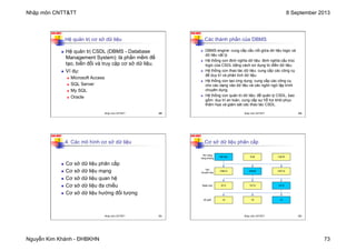 Nhập môn CNTT&TT 8 September 2013
Nguyễn Kim Khánh - ĐHBKHN 73
N2K-HUST
Hệ quản trị cơ sở dữ liệu
n Hệ quản trị CSDL (DBMS - Database
Management System): là phần mềm để
tạo, biến đổi và truy cập cơ sở dữ liệu.
n Ví dụ:
n Microsoft Access
n SQL Server
n My SQL
n Oracle
289
Nhập môn CNTT&TT 289
N2K-HUST
Các thành phần của DBMS
n DBMS engine: cung cấp cầu nối giữa dữ liệu logic và
dữ liệu vật lý.
n Hệ thống con định nghĩa dữ liệu: định nghĩa cấu trúc
logic của CSDL bằng cách sử dụng từ điển dữ liệu.
n Hệ thống con thao tác dữ liệu: cung cấp các công cụ
để duy trì và phân tích dữ liệu.
n Hệ thống con tạo ứng dụng: cung cấp các công cụ
cho các dạng vào dữ liệu và các ngôn ngữ lập trình
chuyên dụng.
n Hệ thống con quản trị dữ liệu: để quản lý CSDL, bao
gồm: duy trì an toàn, cung cấp sự hỗ trợ khôi phục
thảm họa và giám sát các thao tác CSDL.
290
Nhập môn CNTT&TT 290
N2K-HUST
291
4. Các mô hình cơ sở dữ liệu
n Cơ sở dữ liệu phân cấp
n Cơ sở dữ liệu mạng
n Cơ sở dữ liệu quan hệ
n Cơ sở dữ liệu đa chiều
n Cơ sở dữ liệu hướng đối tượng
Nhập môn CNTT&TT 291
N2K-HUST
292
Cơ sở dữ liệu phân cấp
Nội Bài Cát Bi
Huế
VN612 VN714
VN420
8/12 12/12
10/12
1A 1C
1B
Tên cảng
hàng không
Tên
chuyến bay
Ngày bay
Số ghế
Nhập môn CNTT&TT 292
 