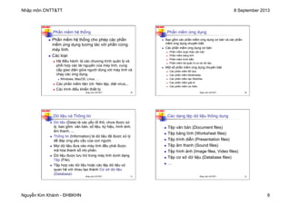 Nhập môn CNTT&TT 8 September 2013
Nguyễn Kim Khánh - ĐHBKHN 8
N2K-HUST
Phần mềm hệ thống
n Phần mềm hệ thống cho phép các phần
mềm ứng dụng tương tác với phần cứng
máy tính.
n Các loại:
n Hệ điều hành: là các chương trình quản lý và
phối hợp các tài nguyên của máy tính, cung
cấp giao diện giữa người dùng với máy tính và
chạy các ứng dụng.
n Windows, MacOS, Linux, ...
n Các phần mềm tiện ích: Nén tệp, diệt virus,..
n Các trình điều khiển thiết bị
Nhập môn CNTT&TT 29
N2K-HUST
Phần mềm ứng dụng
n Bao gồm các phần mềm ứng dụng cơ bản và các phần
mềm ứng dụng chuyên biệt.
n Các phần mềm ứng dụng cơ bản
n Phần mềm soạn thảo văn bản
n Phần mềm bảng tính
n Phần mềm trình diễn
n Phần mềm hệ quản trị cơ sở dữ liệu
n Một số phần mềm ứng dụng chuyên biệt
n Các phần mềm đồ họa
n Các phần mềm Multimedia
n Các phần mềm tạo WebSite
n Các phần mềm giải trí
n Các phần mềm cá nhân
Nhập môn CNTT&TT 30
N2K-HUST
Dữ liệu và Thông tin
n Dữ liệu (Data) là các yếu tố thô, chưa được xử
lý, bao gồm: văn bản, số liệu, ký hiệu, hình ảnh,
âm thanh, ...
n Thông tin (Information) là dữ liệu đã được xử lý
để đáp ứng yêu cầu của con người.
n Mọi dữ liệu đưa vào máy tính đều phải được
mã hóa thành số nhị phân.
n Dữ liệu được lưu trữ trong máy tính dưới dạng
Tệp (File).
n Tập hợp các dữ liệu hoặc các tệp dữ liệu có
quan hệ với nhau tạo thành Cơ sở dữ liệu
(Database)
Nhập môn CNTT&TT 31
N2K-HUST
Các dạng tệp dữ liệu thông dụng
n Tệp văn bản (Document files)
n Tệp bảng tính (Worksheet files)
n Tệp trình diễn (Presentation files)
n Tệp âm thanh (Sound files)
n Tệp hình ảnh (Image files, Video files)
n Tệp cơ sở dữ liệu (Database files)
n …
Nhập môn CNTT&TT 32
 