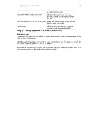Nh p môn H qu n tr c s d li u DB2 123
ch b o m t Kerberos
SQL_AUTHENTICATION_DATAENC ti n trình nh danh máy ch c ng
thêm s k t n i ph i dùng s mã hóa
d li u
SQL_AUTHENTICATION_DATAENC_CMP gi ng nh trên nh ng s mã hóa d
li u ch! dùng khi có s+n
GSSPLUGIN ti n trình nh danh dùng c ch b o
m t bên ngoài d a trên GSS API
B ng 10.1 - Nh ng giá tr tham s AUTHENTICATION h p l
10.2 Quy#n h(n
Quy n h n bao g m các c quy n và quy n c l u tr trong nh ng b ng h th ng
DB2 và c DB2 qu n lý.
M t c quy n cho phép ng i dùng thi hành m t lo i thao tác n d a trên c s d
li u nh là CREATE, UPDATE, DELETE, INSERT, ….
M t quy n là m t hành ng c xác nh tr c bao g m nhi u c quy n. Hình 10.3
minh h'a các quy n và c quy n khác nhau trong DB2.
 