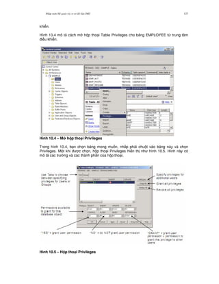 Nh p môn H qu n tr c s d li u DB2 127
khi n.
Hình 10.4 mô t cách m h p tho i Table Privileges cho b ng EMPLOYEE t, trung tâm
i u khi n.
Hình 10.4 – M h p tho(i Privileges
Trong hình 10.4, b n ch'n b ng mong mu n, nh p ph i chu t vào b ng này và ch'n
Privileges. M t khi c ch'n, h p tho i Privileges hi n th nh hình 10.5. Hình này có
mô t các tr ng và các thành ph n c a h p tho i.
Hình 10.5 – H p tho(i Privileges
 