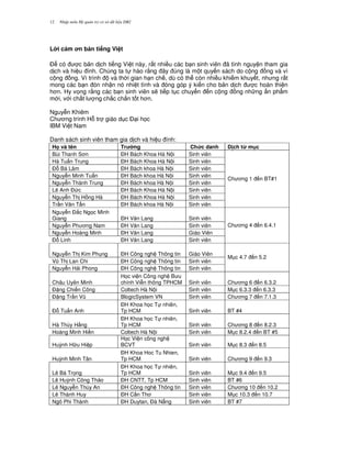 Nh p môn H qu n tr c s d li u DB212
L i c m n b n ti ng Vi t
$ có c b n d ch ti ng Vi t này, r t nhi u các b n sinh viên ã tình nguy n tham gia
d ch và hi u ính. Chúng ta t hào r&ng ây úng là m t quy n sách do c ng ng và vì
c ng ng. Vì trình và th i gian h n ch , dù có th còn nhi u khi m khuy t, nh ng r t
mong các b n ón nh n nó nhi t tình và óng góp ý ki n cho b n d ch c hoàn thi n
h n. Hy v'ng r&ng các b n sinh viên s/ ti p t c chuy n n c ng ng nh ng n ph"m
m i, v i ch t l ng ch%c ch%n t t h n.
Nguy n Khiêm
Ch ng trình H. tr giáo d c $ i h'c
IBM Vi t Nam
Danh sách sinh viên tham gia d ch và hi u ính:
H và tên Tr ng Ch&c danh D ch t' m c
Bùi Thanh S n $H Bách Khoa Hà N i Sinh viên
Hà Tu n Trung $H Bách Khoa Hà N i Sinh viên
$. Bá Lâm $H Bách khoa Hà N i Sinh viên
Nguy n Minh Tu n $H Bách khoa Hà N i Sinh viên
Nguy n Thành Trung $H Bách khoa Hà N i Sinh viên
Lê Anh $ c $H Bách Khoa Hà N i Sinh viên
Nguy n Th H ng Hà $H Bách Khoa Hà N i Sinh viên
Tr n V n T n $H Bách khoa Hà N i Sinh viên
Ch ng 1 n BT#1
Nguy n $%c Ng'c Minh
Giang $H V n Lang Sinh viên
Nguy n Ph ng Nam $H V n Lang Sinh viên
Nguy n Hoàng Minh $H V n Lang Giáo Viên
$. Linh $H V n Lang Sinh viên
Ch ng 4 n 6.4.1
Nguy n Th Kim Ph ng $H Công ngh Thông tin Giáo Viên
V0 Th Lan Chi $H Công ngh Thông tin Sinh viên
Nguy n H i Phong $H Công ngh Thông tin Sinh viên
M c 4.7 n 5.2
Châu Uyên Minh
H'c vi n Công ngh B u
chính Vi n thông TPHCM Sinh viên Ch ng 6 n 6.3.2
$ ng Chi n Công Coltech Hà N i Sinh viên M c 6.3.3 n 6.3.3
$ ng Tr n V0 BlogicSystem VN Sinh viên Ch ng 7 n 7.1.3
$. Tu n Anh
$H Khoa h'c T nhiên,
Tp HCM Sinh viên BT #4
Hà Thúy H&ng
$H Khoa h'c T nhiên,
Tp HCM Sinh viên Ch ng 8 n 8.2.3
Hoàng Minh Hi n Coltech Hà N i Sinh viên M c 8.2.4 n BT #5
Hu)nh H u Hi p
H'c Vi n công ngh
BCVT Sinh viên M c 8.3 n 8.5
Hu)nh Minh Tân
$H Khoa Hoc Tu Nhien,
Tp HCM Sinh viên Ch ng 9 n 9.3
Lê Bá Tr'ng
$H Khoa h'c T nhiên,
Tp HCM Sinh viên M c 9.4 n 9.5
Lê Hu)nh Công Th o $H CNTT, Tp HCM Sinh viên BT #6
Lê Nguy n Thúy An $H Công ngh Thông tin Sinh viên Ch ng 10 n 10.2
Lê Thành Huy $H C n Th Sinh viên M c 10.3 n 10.7
Ngô Phi Thành $H Duytan, $à N+ng Sinh viên BT #7
 
