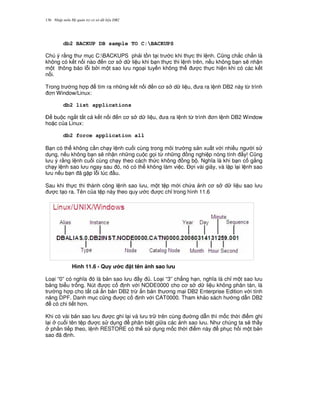Nh p môn H qu n tr c s d li u DB2136
db2 BACKUP DB sample TO C:BACKUPS
Chú ý r&ng th m c C:BACKUPS ph i t n t i tr c khi th c thi l nh. C0ng ch%c ch%n là
không có k t n i nào n c s d li u khi b n th c thi l nh trên, n u không b n s/ nh n
m t thông báo l.i b i m t sao l u ngo i tuy n không th c th c hi n khi có các k t
n i.
Trong tr ng h p tìm ra nh ng k t n i n c s d li u, a ra l nh DB2 này t, trình
n Window/Linux:
db2 list applications
$ bu c ng%t t t c k t n i n c s d li u, a ra l nh t, trình n l nh DB2 Window
ho c c a Linux:
db2 force application all
B n có th không c n ch y l nh cu i cùng trong môi tr ng s n xu t v i nhi u ng i s
d ng, n u không b n s/ nh n nh ng cu c g'i t, nh ng ng nghi p nóng tính y! C0ng
l u ý r&ng l nh cu i cùng ch y theo cách th c không ng b . Ngh a là khi b n c g%ng
ch y l nh sao l u ngay sau ó, nó có th không làm vi c. $ i vài giây, và l p l i l nh sao
l u n u b n ã g p l.i lúc u.
Sau khi th c thi thành công l nh sao l u, m t t p m i ch a nh c s d li u sao l u
c t o ra. Tên c a t p này theo quy c c ch! trong hình 11.6
Hình 11.6 - Quy c t tên nh sao l u
Lo i “0” có ngh a ó là b n sao l u y . Lo i “3” ch#ng h n, ngh a là ch! m t sao l u
b ng bi u tr ng. Nút c c nh v i NODE0000 cho c s d li u không phân tán, là
tr ng h p cho t t c n b n DB2 tr, n b n th ng m i DB2 Enterprise Edition v i tính
n ng DPF. Danh m c c0ng c c nh v i CAT0000. Tham kh o sách h ng d-n DB2
có chi ti t h n.
Khi có vài b n sao l u c ghi l i và l u tr trên cùng ng d-n thì m c th i i m ghi
l i cu i tên t p c s d ng phân bi t gi a các nh sao l u. Nh chúng ta s/ th y
ph n ti p theo, l nh RESTORE có th s d ng m c th i i m này ph c h i m t b n
sao ã nh.
 