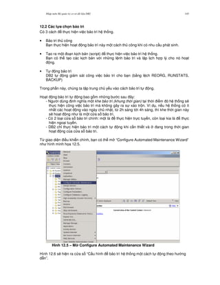 Nh p môn H qu n tr c s d li u DB2 145
12.2 Các l!a ch n b o trì
Có 3 cách th c hi n vi c b o trì h th ng.
• B o trì th công
B n th c hi n ho t ng b o trì này m t cách th công khi có nhu c u phát sinh.
• T o ra m t o n k ch b n (script) th c hi n vi c b o trì h th ng.
B n có th t o các k ch b n v i nh ng l nh b o trì và l p l ch h p lý cho nó ho t
ng.
• T ng b o trì
DB2 t ng giám sát công vi c b o trì cho b n (b&ng l ch REORG, RUNSTATS,
BACKUP)
Trong ph n này, chúng ta t p trung ch y u vào cách b o trì t ng.
Ho t ng b o trì t ng bao g m nh ng b c sau ây:
- Ng i dùng nh ngh a m t khe b o trì (khung th i gian) t i th i i m ó h th ng s/
th c hi n công vi c b o trì mà không gây ra s xáo tr n. Ví d , n u h th ng có ít
nh t các ho t ng vào ngày ch nh t, t, 2h sáng t i 4h sáng, thì khe th i gian này
s/ ho t ng nh là m t c a s b o trì.
- Có 2 lo i c a s b o trì chính: m t là th c hi n tr c tuy n, còn lo i kia là th c
hi n ngo i tuy n.
- DB2 ch! th c hi n b o trì m t cách t ng khi c n thi t và ang trong th i gian
ho t ng c a c a s b o trì.
T, giao di n i u khi n chính, b n có th m “Configure Automated Maintenance Wizard”
nh hình minh h'a 12.5.
Hình 12.5 – M Configure Automated Maintenance Wizard
Hình 12.6 s/ hi n ra c a s “C u hình b o trì h th ng m t cách t ng theo h ng
d-n”.
 