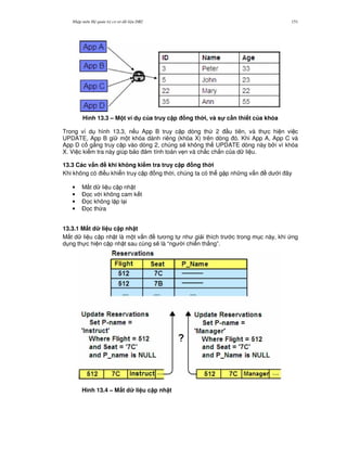 Nh p môn H qu n tr c s d li u DB2 151
Hình 13.3 – M t ví d c a truy c p ng th i, và s! c n thi t c a khóa
Trong ví d hình 13.3, n u App B truy c p dòng th 2 u tiên, và th c hi n vi c
UPDATE, App B gi m t khóa dành riêng (khóa X) trên dòng ó. Khi App A, App C và
App D c g%ng truy c p vào dòng 2, chúng s/ không th UPDATE dòng này b i vì khóa
X. Vi c ki m tra này giúp b o m tính toàn v7n và ch%c ch%n c a d li u.
13.3 Các v$n # khi không ki m tra truy c p ng th i
Khi không có i u khi n truy c p ng th i, chúng ta có th g p nh ng v n d i ây
• M t d li u c p nh t
• $'c v i không cam k t
• $'c không l p l i
• $'c th,a
13.3.1 M$t d li u c p nh t
M t d li u c p nh t là m t v n t ng t nh gi i thích tr c trong m c này, khi ng
d ng th c hi n c p nh t sau cùng s/ là “ng i chi n th%ng”.
Hình 13.4 – M$t d li u c p nh t
 