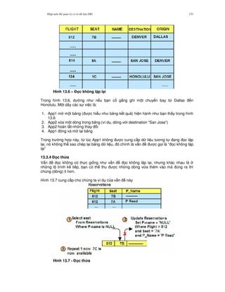 Nh p môn H qu n tr c s d li u DB2 153
Hình 13.6 – % c không l p l(i
Trong hình 13.6, d ng nh n u b n c g%ng ghi m t chuy n bay t, Dallas n
Honolulu. M t dãy các s vi c là:
1. App1 m m t b ng ( c hi u nh b ng k t qu ) hi n hành nh b n th y trong hình
13.6
2. App2 xóa m t dòng trong b ng (ví d , dòng v i destination “San Jose”)
3. App2 hoàn t t nh ng thay i
4. App1 óng và m l i b ng
Trong tr ng h p này, t, lúc App1 không c cung c p d li u t ng t ang 'c l p
l i, nó không th sao chép l i b ng d li u, ó chính là v n c g'i là “ 'c không l p
l i”
13.3.4 % c th'a
V n 'c không có th c gi ng nh v n 'c không l p l i, nh ng khác nhau là
nh ng l trình k ti p, b n có th thu c nh ng dòng v,a thêm vào mà úng ra thì
chúng (dòng) ít h n.
Hình 13.7 cung c p cho chúng ta ví d c a v n này
Hình 13.7 - % c th'a
 