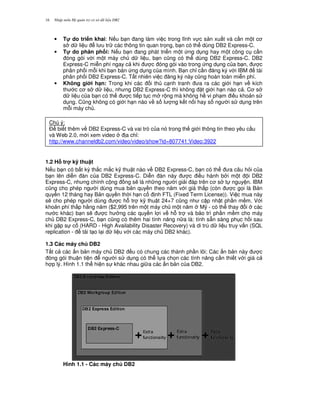 Nh p môn H qu n tr c s d li u DB216
• T! do tri n khai: N u b n ang làm vi c trong l nh v c s n xu t và c n m t c
s d li u l u tr các thông tin quan tr'ng, b n có th dùng DB2 Express-C.
• T! do phân ph i: N u b n ang phát tri n m t ng d ng hay m t công c c n
óng gói v i m t máy ch d li u, b n c0ng có th dùng DB2 Express-C. DB2
Express-C mi n phí ngay c khi c óng gói vào trong ng d ng c a b n, c
phân ph i m.i khi b n bán ng d ng c a mình. B n ch! c n ng ký v i IBM tái
phân ph i DB2 Express-C. T t nhiên vi c ng ký này c0ng hoàn toàn mi n phí.
• Không gi i h(n: Trong khi các i th c nh tranh a ra các gi i h n v kích
th c c s d li u, nh ng DB2 Express-C thì không t gi i h n nào c . C s
d li u c a b n có th c ti p t c m r ng mà không h vi ph m i u kho n s
d ng. C0ng không có gi i h n nào v s l ng k t n i hay s ng i s d ng trên
m.i máy ch .
1.2 H) tr k* thu t
N u b n có b t k) th%c m%c k( thu t nào v DB2 Express-C, b n có th a câu h i c a
b n lên di n àn c a DB2 Express-C. Di n àn này c i u hành b i m t i DB2
Express-C, nh ng chính c ng ng s/ là nh ng ng i gi i áp trên c s t nguy n. IBM
c0ng cho phép ng i dùng mua b n quy n theo n m v i giá th p (còn c g'i là B n
quy n 12 tháng hay B n quy n th i h n c nh FTL (Fixed Term License)). Vi c mua này
s/ cho phép ng i dùng c h. tr k( thu t 24×7 c0ng nh c p nh t ph n m m. V i
kho n phí th p h&ng n m ($2,995 trên m t máy ch m t n m M( - có th thay i các
n c khác) b n s/ c h ng các quy n l i v h. tr và b o trì ph n m m cho máy
ch DB2 Express-C, b n c0ng có thêm hai tính n ng n a là: tính s+n sàng ph c h i sau
khi g p s c (HARD - High Availability Disaster Recovery) và di trú d li u truy v n (SQL
replication - tái t o l i d li u v i các máy ch DB2 khác).
1.3 Các máy ch DB2
T t c các n b n máy ch DB2 u có chung các thành ph n lõi; Các n b n này c
óng gói thu n ti n ng i s d ng có th l a ch'n các tính n ng c n thi t v i giá c
h p lý. Hình 1.1 th hi n s khác nhau gi a các n b n c a DB2.
Hình 1.1 - Các máy ch DB2
Chú ý:
$ bi t thêm v DB2 Express-C và vai trò c a nó trong th gi i thông tin theo yêu c u
và Web 2.0, m i xem video a ch!:
http://www.channeldb2.com/video/video/show?id=807741:Video:3922
 