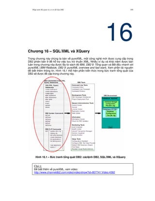 Nh p môn H qu n tr c s d li u DB2 189
16Ch ng 16 – SQL/XML và XQuery
Trong ch ng này chúng ta bàn v pureXML, m t công ngh m i c cung c p trong
DB2 phiên b n 9 h. tr vi c l u tr thu n XML. Nhi u ví d và khái ni m c bàn
lu n trong ch ng này c l y t, sách IBM, DB2 9: T ng quan và B t u nhanh v i
pureXML (IBM Redbook, DB2 9: pureXML overview and fast start). Xem ph n tài nguyên
bi t thêm thông tin. Hình 16.1 th hi n ph n ki n th c trong b c tranh t ng quát c a
DB2 s/ c c p trong ch ng này.
Hình 16.1 – B&c tranh t ng quát DB2: cácl nh DB2, SQL/XML và XQuery
Chú ý:
$ bi t thêm v pureXML, xem video:
http://www.channeldb2.com/video/video/show?id=807741:Video:4382
 