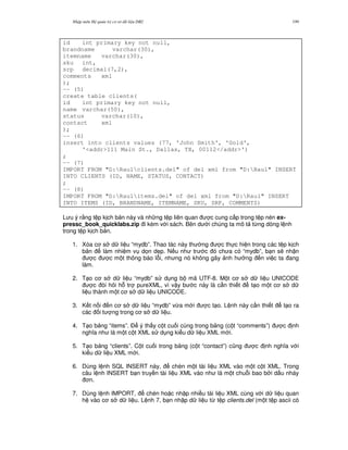 Nh p môn H qu n tr c s d li u DB2 199
id int primary key not null,
brandname varchar(30),
itemname varchar(30),
sku int,
srp decimal(7,2),
comments xml
);
-- (5)
create table clients(
id int primary key not null,
name varchar(50),
status varchar(10),
contact xml
);
-- (6)
insert into clients values (77, 'John Smith', 'Gold',
'<addr>111 Main St., Dallas, TX, 00112</addr>')
;
-- (7)
IMPORT FROM "D:Raulclients.del" of del xml from "D:Raul" INSERT
INTO CLIENTS (ID, NAME, STATUS, CONTACT)
;
-- (8)
IMPORT FROM "D:Raulitems.del" of del xml from "D:Raul" INSERT
INTO ITEMS (ID, BRANDNAME, ITEMNAME, SKU, SRP, COMMENTS)
L u ý r&ng t p k ch b n này và nh ng t p liên quan c cung c p trong t p nén ex-
pressc_book_quicklabs.zip i kèm v i sách. Bên d i chúng ta mô t t,ng dòng l nh
trong t p k ch b n.
1. Xóa c s d li u “mydb”. Thao tác này th ng c th c hi n trong các t p k ch
b n làm nhi m v d'n d7p. N u nh tr c ó ch a có “mydb”, b n s/ nh n
c c m t thông báo l.i, nh ng nó không gây nh h ng n vi c ta ang
làm.
2. T o c s d li u “mydb” s d ng b mã UTF-8. M t c s d li u UNICODE
c òi h i h. tr pureXML, vì v y b c này là c n thi t t o m t c s d
li u thành m t c s d li u UNICODE.
3. K t n i n c s d li u “mydb” v,a m i c t o. L nh này c n thi t t o ra
các i t ng trong c s d li u.
4. T o b ng “items”. $ ý th y c t cu i cùng trong b ng (c t “comments”) c nh
ngh a nh là m t c t XML s d ng ki u d li u XML m i.
5. T o b ng “clients”. C t cu i trong b ng (c t “contact”) c0ng c nh ngh a v i
ki u d li u XML m i.
6. Dùng l nh SQL INSERT này, chèn m t tài li u XML vào m t c t XML. Trong
câu l nh INSERT b n truy n tài li u XML vào nh là m t chu.i bao b i d u nháy
n.
7. Dùng l nh IMPORT, chèn ho c nh p nhi u tài li u XML cùng v i d li u quan
h vào c s d li u. L nh 7, b n nh p d li u t, t p clients.del (m t t p ascii có
 