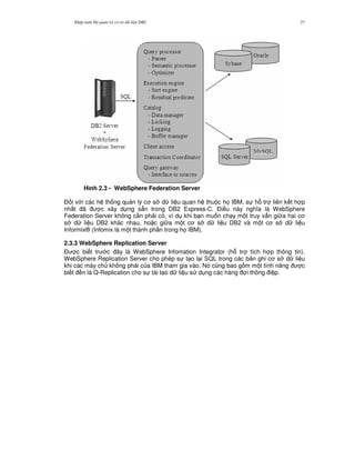 Nh p môn H qu n tr c s d li u DB2 27
Hình 2.3 - WebSphere Federation Server
$ i v i các h th ng qu n lý c s d li u quan h thu c h' IBM, s h. tr liên k t h p
nh t ã c xây d ng s+n trong DB2 Express-C. $i u này ngh a là WebSphere
Federation Server không c n ph i có, ví d khi b n mu n ch y m t truy v n gi a hai c
s d li u DB2 khác nhau, ho c gi a m t c s d li u DB2 và m t c s d li u
Informix® (Infomix là m t thành ph n trong h' IBM).
2.3.3 WebSphere Replication Server
$ c bi t tr c ây là WebSphere Infomation Integrator (h. tr tích h p thông tin).
WebSphere Replication Server cho phép s t o l i SQL trong các b n ghi c s d li u
khi các máy ch không ph i c a IBM tham gia vào. Nó c0ng bao g m m t tính n ng c
bi t n là Q-Replication cho s tái t o d li u s d ng các hàng i thông i p.
 