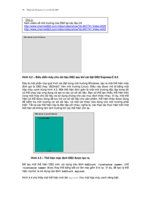 Nh p môn H qu n tr c s d li u DB240
Hình 4.2 – Bi u di+n máy ch d li u DB2 sau khi cài t DB2 Express-C 9.5
$ây là m t ph n c a quá trình cài t trong môi tr ng Windows, t o ra m t th hi n m c
nh g'i là DB2 (hay “ ” trên môi tr ng Linux). $i u này c mô t b&ng m t
h p màu xanh trong hình 4.3. M t th hi n n gi n là m t môi tr ng c l p trong ó
có th ch y các ng d ng và t o ra các c s d li u. B n có th t o nhi u th hi n trên
cùng m t máy ch d li u và s d ng chúng cho các m c ích khác nhau. Ví d , m t th
hi n có th c dùng l u tr c s d li u cho s n ph"m, th hi n khác c dùng
ki m tra môi tr ng c s d li u, và m t cái khác n a dùng cho môi tr ng phát
tri n. T t c các th hi n này là c l p v i nhau; ngh a là, các thao tác th c hi n trên m t
th hi n s/ không làm nh h ng t i các th hi n còn l i.
Hình 4.3 – Th hi n m c nh DB2 c t(o ra.
$ t o m t th hi n DB2 m i, s d ng câu l nh bd2icrt <instance name>, ch.
<instance name> c thay th b&ng b t c tên nào g m 8 kí t . Ví d , t o ra th
hi n myinst, ta s d ng câu l nh: bd2icrt myinst
Hình 4.4 cho th y m t th hi n m i tên myinst nh m t h p màu xanh riêng bi t
Chú ý:
Xem video v môi tr ng c a DB2 t i các a ch!
http://www.channeldb2.com/video/video/show?id=807741:Video:4029
http://www.channeldb2.com/video/video/show?id=807741:Video:4042
 