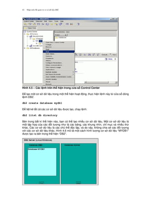 Nh p môn H qu n tr c s d li u DB242
Hinh 4.5 – Các l nh trên th hi n trong c a s Control Center
$ t o m t c s d li u trong m t th hi n ho t ng, th c hi n l nh này t, c a s dòng
l nh DB2:
db2 create database mydb1
$ li t kê t t c các c s d li u c t o, ch y l nh:
db2 litst db directory
Bên trong b t kì th hi n nào, b n có th t o nhi u c s d li u. M t c s d li u là
m t t p h p c a các i t ng nh là các b ng, các khung nhìn, ch! m c và nhi u th
khác. Các c s d li u là các ch th c l p, và do v y, không chia s2 các i t ng
v i các c s d li u khác. Hình 4.6 mô t m t cách hình t ng c s d li u “MYDB1”
c t o ra bên trong th hi n “DB2”.
 