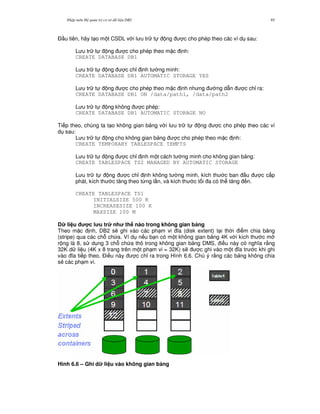 Nh p môn H qu n tr c s d li u DB2 85
$ u tiên, hãy t o m t CSDL v i l u tr t ng c cho phép theo các ví d sau:
L u tr t ng c cho phép theo m c nh:
CREATE DATABASE DB1
L u tr t ng c ch! nh t ng minh:
CREATE DATABASE DB1 AUTOMATIC STORAGE YES
L u tr t ng c cho phép theo m c nh nh ng ng d-n c ch! ra:
CREATE DATABASE DB1 ON /data/path1, /data/path2
L u tr t ng không c phép:
CREATE DATABASE DB1 AUTOMATIC STORAGE NO
Ti p theo, chúng ta t o không gian b ng v i l u tr t ng c cho phép theo các ví
d sau:
L u tr t ng cho không gian b ng c cho phép theo m c nh:
CREATE TEMPORARY TABLESPACE TEMPTS
L u tr t ng c ch! nh m t cách t ng minh cho không gian b ng:
CREATE TABLESPACE TS2 MANAGED BY AUTOMATIC STORAGE
L u tr t ng c ch! nh không t ng minh, kích th c ban u c c p
phát, kích th c t ng theo t,ng l n, và kích th c t i a có th t ng n.
CREATE TABLESPACE TS1
INITIALSIZE 500 K
INCREASESIZE 100 K
MAXSIZE 100 M
D li u c l u tr nh th nào trong không gian b ng
Theo m c nh, DB2 s/ ghi vào các ph m vi a (disk extent) t i th i i m chia b ng
(stripe) qua các ch. ch a. Ví d n u b n có m t không gian b ng 4K v i kích th c m
r ng là 8, s d ng 3 ch. ch a thô trong không gian b ng DMS, i u này có ngh a r&ng
32K d li u (4K x 8 trang trên m t ph m vi = 32K) s/ c ghi vào m t a tr c khi ghi
vào a ti p theo. $i u này c ch! ra trong Hình 6.6. Chú ý r&ng các b ng không chia
s2 các ph m vi.
Hình 6.6 – Ghi d li u vào không gian b ng
 
