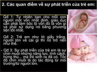 ?/Quan điểm nào đúng? Qđ 1: Tự nhiên ban cho mỗi con người một vốn nhất định, giáo dục cần phải làm bộc lộ vốn đó là vốn gì và phải sử dụng nó bằng phương tiện tốt nhất.  Qđ 2: Trẻ em như tờ giấy trắng, người lớn vẽ cái gì thì nó trở nên như thế. -  Qđ 3: Sự phát triển của trẻ em là sự chín muồi những năng lực, tính cách, hứng thú... mà trẻ sinh ra đã có. Tốc độ chín muồi là do tác động từ môi trường/từ người lớn. 2. Các quan điểm về sự phát triển của trẻ em: 
