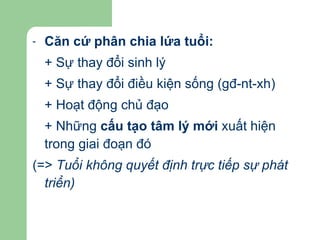 Căn cứ phân chia lứa tuổi: + Sự thay đổi sinh lý + Sự thay đổi điều kiện sống (gđ-nt-xh) + Hoạt động chủ đạo  + Những  cấu tạo tâm lý mới  xuất hiện trong giai đoạn đó (=>  Tuổi không quyết định trực tiếp sự phát triển) 