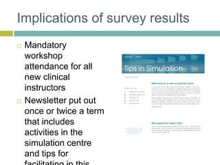 Implications of survey resultsMandatory workshop attendance for all new clinical instructorsNewsletter put out once or twice a term that includes activities in the simulation centre and tips for facilitating in this environment.