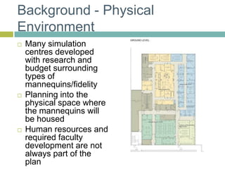 Background - Physical EnvironmentMany simulation centres developed with research and budget surrounding types of mannequins/fidelityPlanning into the physical space where the mannequins will be housedHuman resources and required faculty development are not always part of the plan