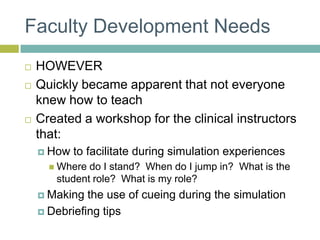 Faculty Development NeedsHOWEVERQuickly became apparent that not everyone knew how to teach Created a workshop for the clinical instructors that:How to facilitate during simulation experiencesWhere do I stand?  When do I jump in?  What is the student role?  What is my role?Making the use of cueing during the simulationDebriefing tips