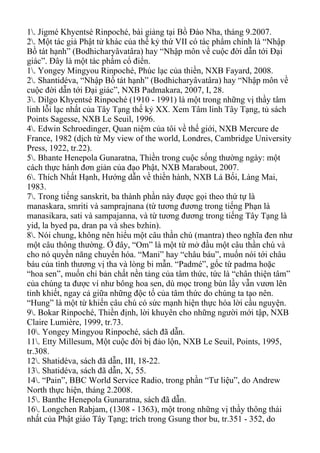 1. Jigmé Khyentsé Rinpoché, bài giảng tại Bồ Đào Nha, tháng 9.2007.
2. Một tác giả Phật tử khác của thế kỷ thứ VII có tác phẩm chính là “Nhập
Bồ tát hạnh” (Bodhicharyâvatâra) hay “Nhập môn về cuộc đời dẫn tới Đại
giác”. Đây là một tác phẩm cổ điển.
1. Yongey Mingyou Rinpoché, Phúc lạc của thiền, NXB Fayard, 2008.
2. Shantidéva, “Nhập Bồ tát hạnh” (Bodhicharyâvatâra) hay “Nhập môn về
cuộc đời dẫn tới Đại giác”, NXB Padmakara, 2007, I, 28.
3. Dilgo Khyentsé Rinpoché (1910 - 1991) là một trong những vị thầy tâm
linh lỗi lạc nhất của Tây Tạng thế kỷ XX. Xem Tâm linh Tây Tạng, tủ sách
Points Sagesse, NXB Le Seuil, 1996.
4. Edwin Schroedinger, Quan niệm của tôi về thế giới, NXB Mercure de
France, 1982 (dịch từ My view of the world, Londres, Cambridge University
Press, 1922, tr.22).
5. Bhante Henepola Gunaratna, Thiền trong cuộc sống thường ngày: một
cách thực hành đơn giản của đạo Phật, NXB Marabout, 2007.
6. Thích Nhất Hạnh, Hướng dẫn về thiền hành, NXB Lá Bối, Làng Mai,
1983.
7. Trong tiếng sanskrit, ba thành phần này được gọi theo thứ tự là
manaskara, smriti và samprajnana (từ tương đương trong tiếng Phạn là
manasikara, sati và sampajanna, và từ tương đương trong tiếng Tây Tạng là
yid, la byed pa, dran pa và shes bzhin).
8. Nói chung, không nên hiểu một câu thần chú (mantra) theo nghĩa đen như
một câu thông thường. Ở đây, “Om” là một từ mở đầu một câu thần chú và
cho nó quyền năng chuyển hóa. “Mani” hay “châu báu”, muốn nói tới châu
báu của tình thương vị tha và lòng bi mẫn. “Padmé”, gốc từ padma hoặc
“hoa sen”, muốn chỉ bản chất nền tảng của tâm thức, tức là “chân thiện tâm”
của chúng ta được ví như bông hoa sen, dù mọc trong bùn lầy vẫn vươn lên
tinh khiết, ngay cả giữa những độc tố của tâm thức do chúng ta tạo nên.
“Hung” là một từ khiến câu chú có sức mạnh hiện thực hóa lời cầu nguyện.
9. Bokar Rinpoché, Thiền định, lời khuyên cho những người mới tập, NXB
Claire Lumière, 1999, tr.73.
10. Yongey Mingyou Rinpoché, sách đã dẫn.
11. Etty Millesum, Một cuộc đời bị đảo lộn, NXB Le Seuil, Points, 1995,
tr.308.
12. Shatidéva, sách đã dẫn, III, 18-22.
13. Shatidéva, sách đã dẫn, X, 55.
14. “Pain”, BBC World Service Radio, trong phần “Tư liệu”, do Andrew
North thực hiện, tháng 2.2008.
15. Banthe Henepola Gunaratna, sách đã dẫn.
16. Longchen Rabjam, (1308 - 1363), một trong những vị thầy thông thái
nhất của Phật giáo Tây Tạng; trích trong Gsung thor bu, tr.351 - 352, do
 