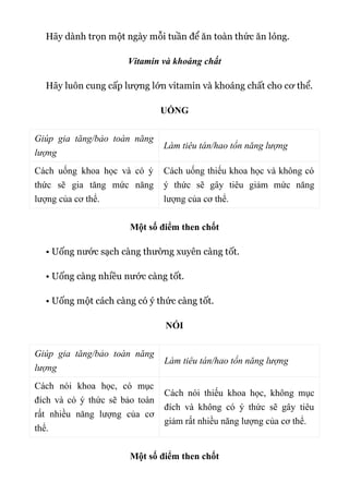Hãy dành trọn một ngày mỗi tuần để ăn toàn thức ăn lỏng.
Vitamin và khoáng chất
Hãy luôn cung cấp lượng lớn vitamin và khoáng chất cho cơ thể.
UỐNG
Giúp gia tăng/bảo toàn năng
lượng
Làm tiêu tán/hao tổn năng lượng
Cách uống khoa học và có ý
thức sẽ gia tăng mức năng
lượng của cơ thể.
Cách uống thiếu khoa học và không có
ý thức sẽ gây tiêu giảm mức năng
lượng của cơ thể.
Một số điểm then chốt
• Uống nước sạch càng thường xuyên càng tốt.
• Uống càng nhiều nước càng tốt.
• Uống một cách càng có ý thức càng tốt.
NÓI
Giúp gia tăng/bảo toàn năng
lượng
Làm tiêu tán/hao tổn năng lượng
Cách nói khoa học, có mục
đích và có ý thức sẽ bảo toàn
rất nhiều năng lượng của cơ
thể.
Cách nói thiếu khoa học, không mục
đích và không có ý thức sẽ gây tiêu
giảm rất nhiều năng lượng của cơ thể.
Một số điểm then chốt
 