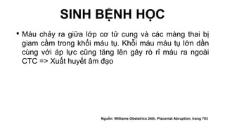SINH BỆNH HỌC
• Máu chảy ra giữa lớp cơ tử cung và các màng thai bị
giam cầm trong khối máu tụ. Khỗi máu máu tụ lớn dần
cùng với áp lực cũng tăng lên gây rò rỉ máu ra ngoài
CTC => Xuất huyết âm đạo
Nguồn: Williams Obstetrics 24th, Placental Abruption, trang 793
 