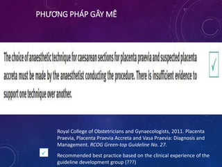 PHƯƠNG PHÁP GÂY MÊ
Royal College of Obstetricians and Gynaecologists, 2011. Placenta
Praevia, Placenta Praevia Accreta and Vasa Praevia: Diagnosis and
Management. RCOG Green-top Guideline No. 27.
Recommended best practice based on the clinical experience of the
guideline development group (???)
 
