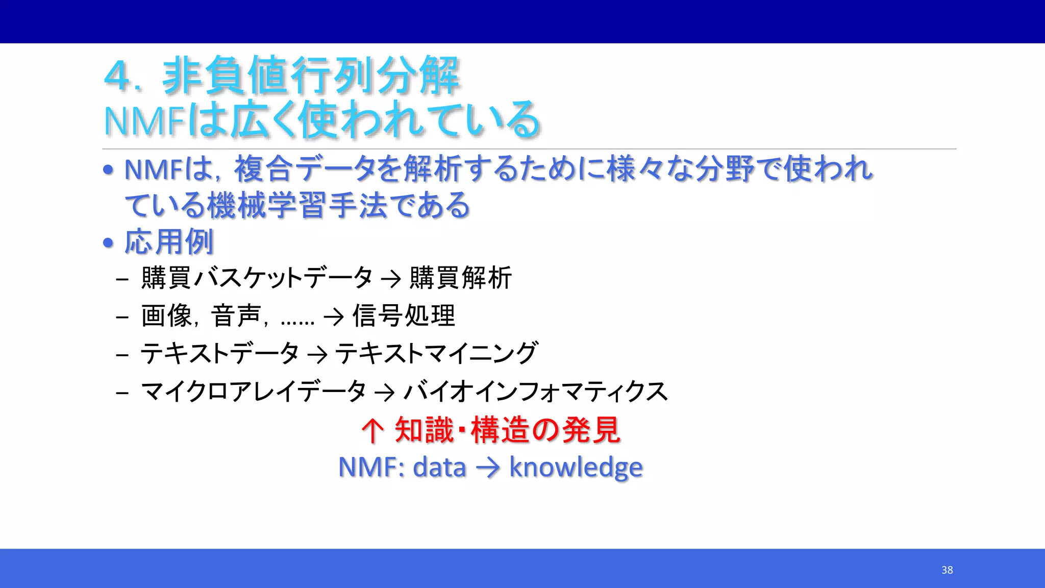 ４．非負値行列分解
NMFは広く使われている
• NMFは，複合データを解析するために様々な分野で使われ
ている機械学習手法である
• 応用例
‒ 購買バスケットデータ → 購買解析
‒ 画像，音声，…… → 信号処理
‒ テキストデータ → テキストマイニング
‒ マイクロアレイデータ → バイオインフォマティクス
↑ 知識・構造の発見
NMF: data → knowledge
38
 