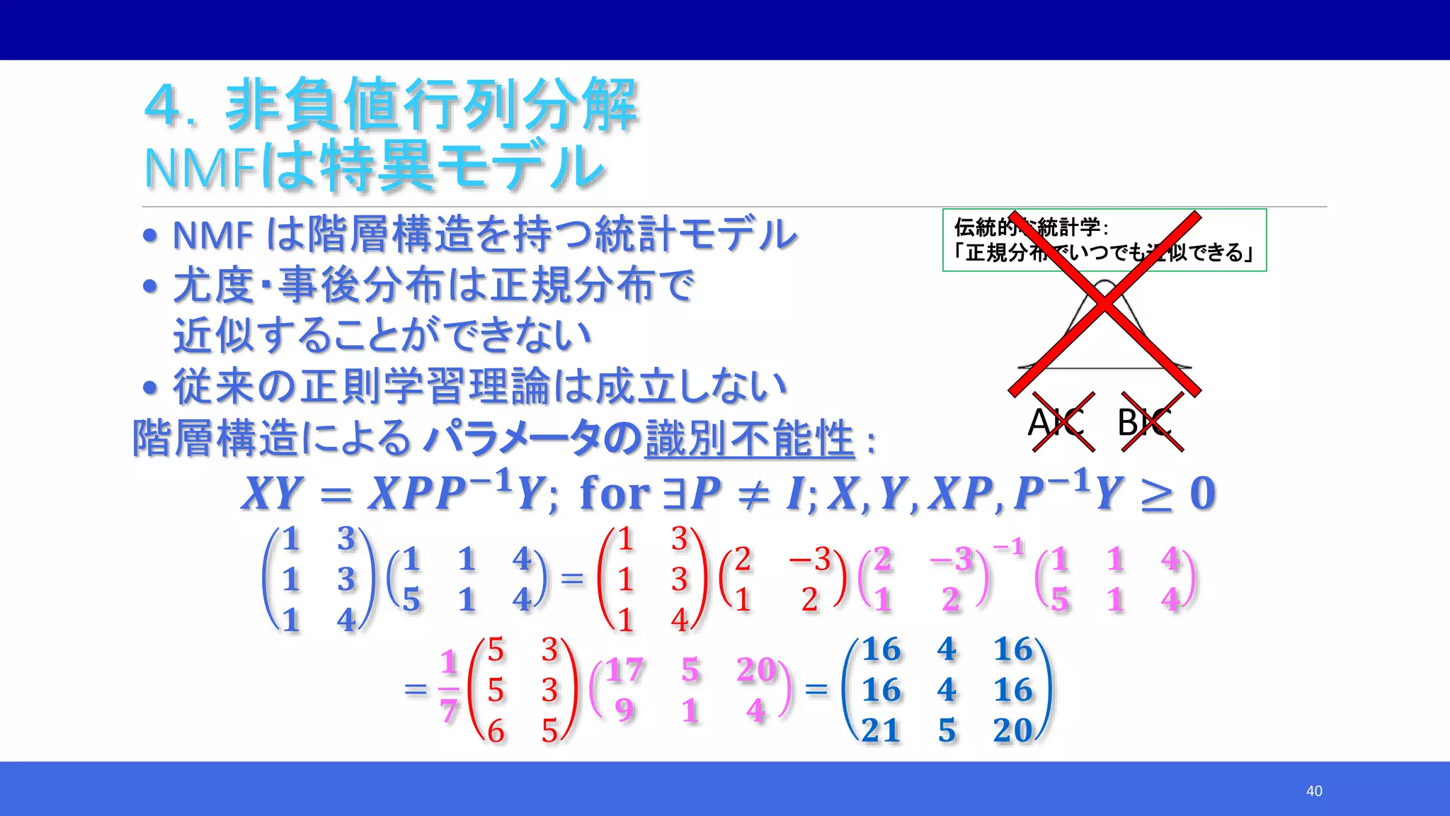 • NMF は階層構造を持つ統計モデル
• 尤度・事後分布は正規分布で
近似することができない
• 従来の正則学習理論は成立しない
階層構造による パラメータの識別不能性 :
𝑿𝒀 = 𝑿𝑷𝑷−𝟏
𝒀; 𝐟𝐨𝐫 ∃𝑷 ≠ 𝑰; 𝑿, 𝒀, 𝑿𝑷, 𝑷−𝟏
𝒀 ≥ 𝟎
𝟏 𝟑
𝟏 𝟑
𝟏 𝟒
𝟏 𝟏 𝟒
𝟓 𝟏 𝟒
=
1 3
1 3
1 4
2 −3
1 2
𝟐 −𝟑
𝟏 𝟐
−𝟏
𝟏 𝟏 𝟒
𝟓 𝟏 𝟒
=
𝟏
𝟕
5 3
5 3
6 5
𝟏𝟕 𝟓 𝟐𝟎
𝟗 𝟏 𝟒
=
𝟏𝟔 𝟒 𝟏𝟔
𝟏𝟔 𝟒 𝟏𝟔
𝟐𝟏 𝟓 𝟐𝟎
40
AIC BIC
伝統的な統計学：
「正規分布でいつでも近似できる」
４．非負値行列分解
NMFは特異モデル
 