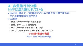 ４．非負値行列分解
NMFは広く使われている
• NMFは，複合データを解析するために様々な分野で使われ
ている機械学習手法である
• 応用例
‒ 購買バスケットデータ → 購買解析
‒ 画像，音声，…… → 信号処理
‒ テキストデータ → テキストマイニング
‒ マイクロアレイデータ → バイオインフォマティクス
↑ 知識・構造の発見
NMF: data → knowledge
38
 
