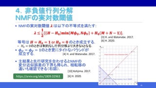 ４．非負値行列分解
ＮＭＦの実対数閾値
• NMFの実対数閾値 𝝀 は以下の不等式を満たす:
𝝀 ≤
𝟏
𝟐
𝑯 − 𝑯 𝟎 𝐦𝐢𝐧 𝑴𝝓 𝑼, 𝑵𝝓 𝑽 + 𝑯 𝟎 𝑴 + 𝑵 − 𝟏 .
等号は 𝑯 = 𝑯 𝟎 = 𝟏 or 𝑯 𝟎 = 𝟎 のとき成立する．
‒ 𝐻0 = 0のときは制約なし行列分解より大きなλとなる．
• 𝝓 𝑼 = 𝝓 𝑽 = 𝟏のとき更にタイトなバウンドが
成立する．
• 主結果と先行研究を合わせるとNMFの
変分近似誤差の下界も得られ，相転移の
違いも確認できる（右図）.
45
[6] H. 2020.
[4] H. and Watanabe. 2017.
[3] H. and Watanabe. 2017.
[6] H. 2020.
https://arxiv.org/abs/1809.02963
[10] Kohjima. 2017.
 
