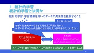 １．統計的学習
統計的学習とは何か
統計的学習: 学習結果を用いてデータの発生源を推測すること
8
デ―タ 𝑋 𝑛
真の分布（未知）
𝑞 𝑥
i.i.d.～
予測分布
𝑝∗
𝑥 ≔ 𝑝 𝑥 𝑤 𝜓 𝑤 𝑋 𝑛
d𝑤
𝜓 𝑤 𝑋 𝑛
: 事後分布: 推定されたパラメータ分布
モデル 𝑝 𝑥 𝑤
事前分布 𝜑 𝑤モデルは未知データをどれだけ良く予測するか？
モデルはデータ生成過程のどれだけ良い説明を与えているか？
ベイズ学習: 真の分布はベイズ予測分布ではないか？ と推測すること
 
