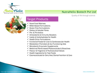 NutraHelix Biotech Pvt Ltd
                                                                                               Quality of life through science

                                        Target Products
                                           Novel Food Matrixes
                                           Millet Based Formulations
                                           Gluten Free Formulations
                                           Dietary & Soluble Fibres
                                           Pre- & Pro-biotics
                                           Antioxidants & Immunity Boosters
                                           Lipids & Carbohydrates for Health
                                           Health Drink Formulations
                                           Functional Foods for Liver & Cardiovascular Health
                                           Metabolism Promoters & Gut Functioning Aids
                                           Microbial & Enzymatic Supplements
                                           Medicinal Plants based Phytoceuticals & Bioactives
                                           Flavour & Fragrance of Nutraceutical Values
                                           Health Ingredients for Fast Foods
                                           Cosmeceuticals for Skin/Hair/Dental Nutrition & Care




Copy right NutraHelix biotech pvt.ltd                                                                         www.nutrahelix.com
 