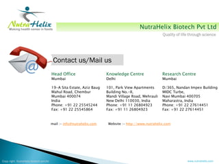 NutraHelix Biotech Pvt Ltd
                                                                                                      Quality of life through science




                                         Contact us/Mail us
                                        Head Office                   Knowledge Centre                Research Centre
                                        Mumbai                        Delhi                           Mumbai

                                        19-A Sita Estate, Aziz Baug   101, Park View Apartments       D/365, Nandan Impex Building
                                        Mahul Road, Chembur           Building No.-II,                MIDC Turbe,
                                        Mumbai 400074                 Mandi Village Road, Mehrauli    Navi Mumbai 400705
                                        India                         New Delhi 110030, India         Maharastra, India
                                        Phone: +91 22 25545244        Phone: +91 11 26804923          Phone: +91 22 27614451
                                        Fax: +91 22 25545864          Fax: +91 11 26804923            Fax: +91 22 27614451


                                        mail :- info@nutrahelix.com    Website :- http://www.nutrahelix.com




Copy right NutraHelix biotech pvt.ltd                                                                               www.nutrahelix.com
 