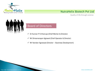 NutraHelix Biotech Pvt Ltd
                                                                                            Quality of life through science




                                        Board of Directors

                                         Dr Suman P S Khanuja (Chief Mentor & Director)

                                         Mr Shreenarayan Agrawal (Chief Operator & Director)

                                         Mr Nandan Agrawaal (Director – Business Development)




Copy right NutraHelix biotech pvt.ltd                                                                     www.nutrahelix.com
 