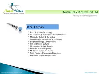 NutraHelix Biotech Pvt Ltd
                                                                                         Quality of life through science




                                        R & D Areas
                                           Food Science & Technology
                                           Biochemistry & Nutrition and Metabolomics
                                           Molecular Biology & Bio-testing
                                           Biotechnology (Agriculture & Industrial)
                                           Bio-prospecting & Conservation
                                           Cell and Tissue Culture
                                           Microbiology & Food Assays
                                           Botany & Pharmacognosy
                                           Medicinal & Aromatic Plants
                                           Food Flavours, Pigments & Bioactives
                                           Process & Product Development




Copy right NutraHelix biotech pvt.ltd                                                                  www.nutrahelix.com
 