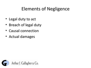 Elements of Negligence Legal duty to act Breach of legal duty Causal connection Actual damages 