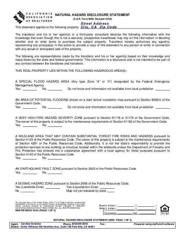 nhd natural hazard disclosure statement 1004 agency disclosure form california
