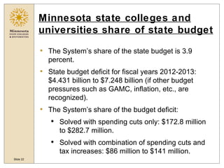Minnesota state colleges and universities share of state budget <ul><li>The System’s share of the state budget is 3.9 perc...