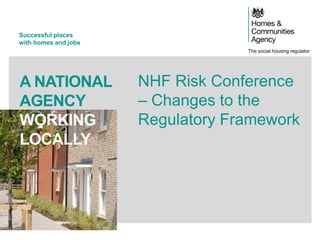The social housing regulator
Successful places
with homes and jobs
A NATIONAL
AGENCY
WORKING
LOCALLY
NHF Risk Conference
– Changes to the
Regulatory Framework
 