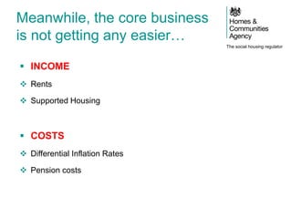 The social housing regulator
Meanwhile, the core business
is not getting any easier…
 INCOME
 Rents
 Supported Housing
 COSTS
 Differential Inflation Rates
 Pension costs
 